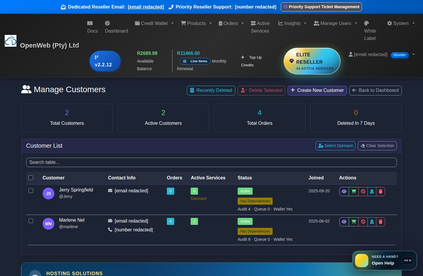 Current OpenWeb reseller panel screenshot: Customer management
