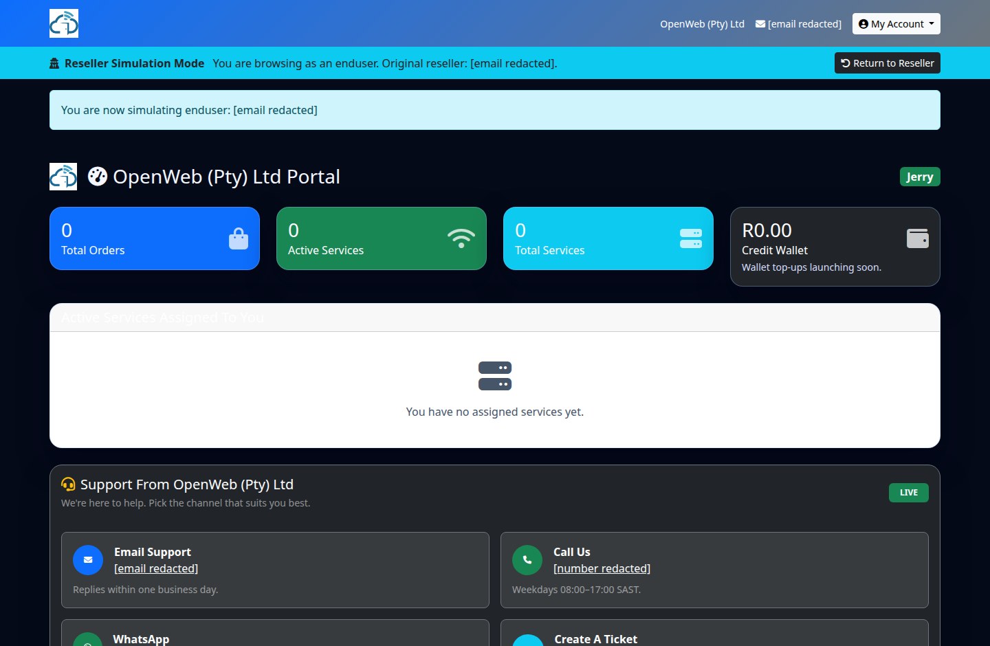 Current OpenWeb reseller panel screenshot: Enduser dashboard